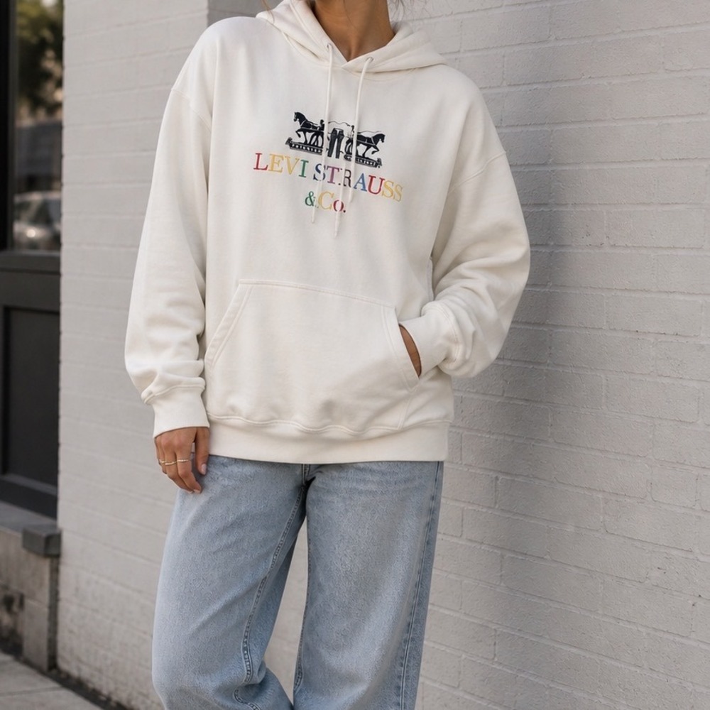 Levi's Womens XL White Multi‎ Color Embroidered Logo Pullover Hoodie Sweatshirt